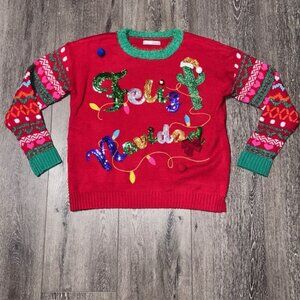 Women’s Red Glitter Feliz Navidad Christmas Sweater w/Jingle Bells Size S Small